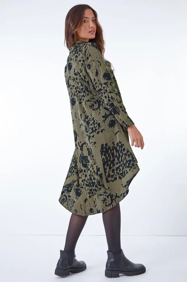 Women Khaki Oversized Animal Print Shirt Dress Roman Dresses