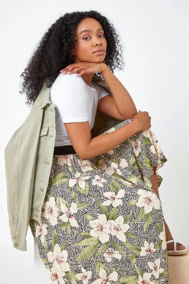 Women Khaki Petite Animal Floral Pleated Skirt Roman Skirts