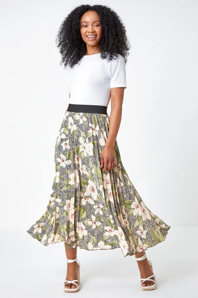 Women Khaki Petite Animal Floral Pleated Skirt Roman Skirts
