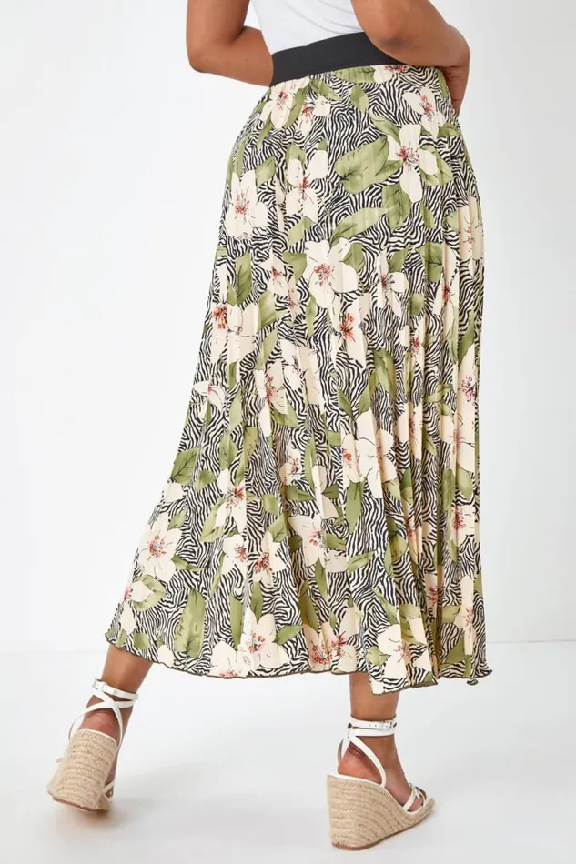 Women Khaki Petite Animal Floral Pleated Skirt Roman Skirts
