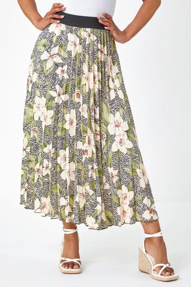 Women Khaki Petite Animal Floral Pleated Skirt Roman Skirts