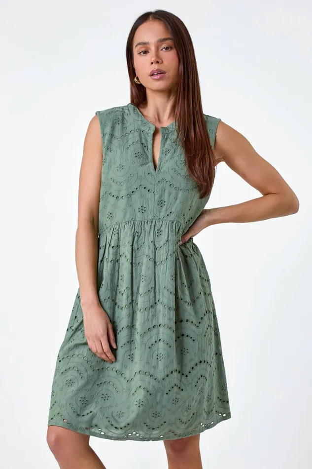 Women Khaki Petite Broderie Cotton Dress Roman Dresses