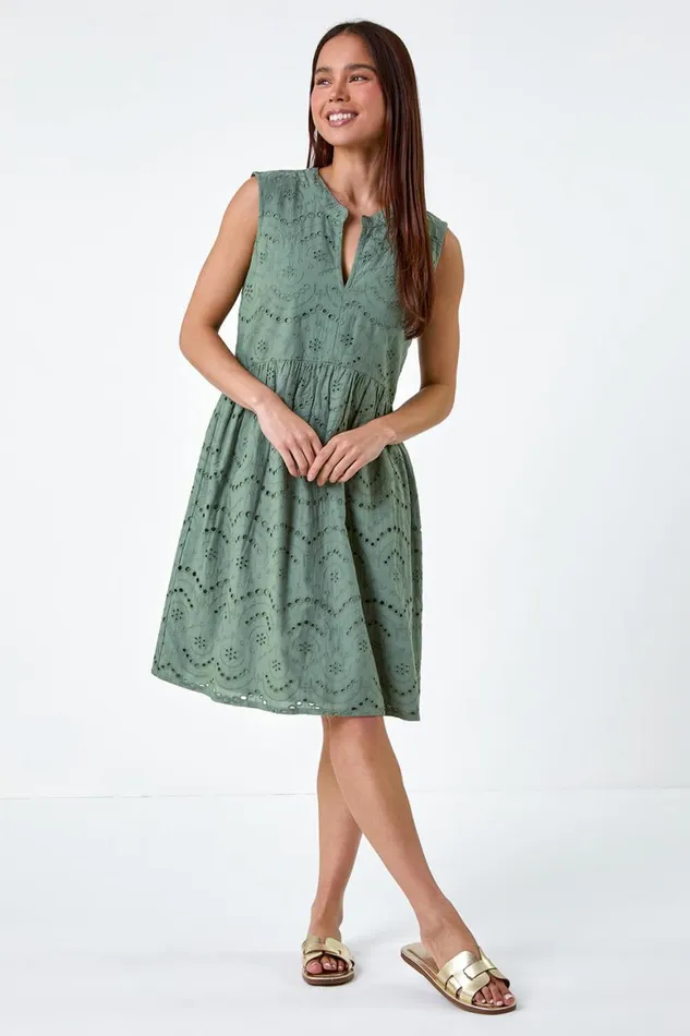 Women Khaki Petite Broderie Cotton Dress Roman Dresses
