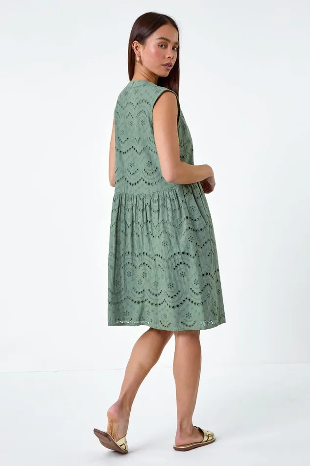 Women Khaki Petite Broderie Cotton Dress Roman Dresses