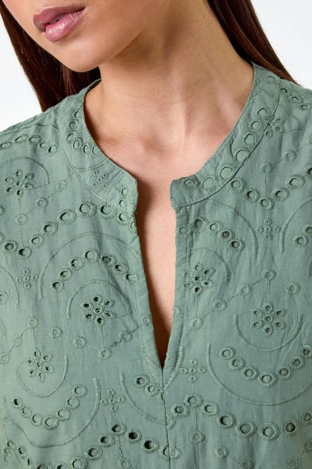 Women Khaki Petite Broderie Cotton Dress Roman Dresses