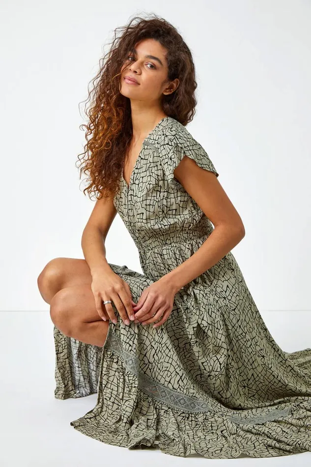 Women Khaki Scribble Print Button Through Maxi Dress Roman Dresses