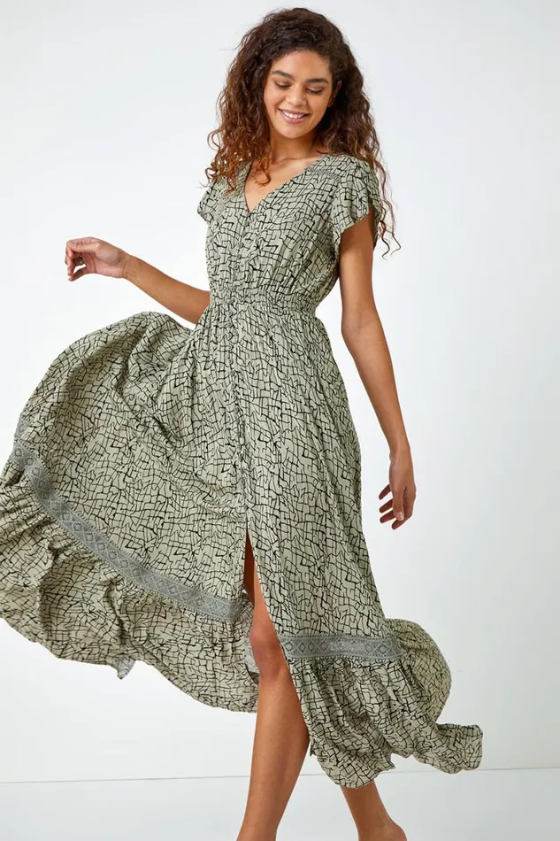 Women Khaki Scribble Print Button Through Maxi Dress Roman Dresses