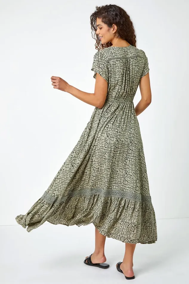 Women Khaki Scribble Print Button Through Maxi Dress Roman Dresses