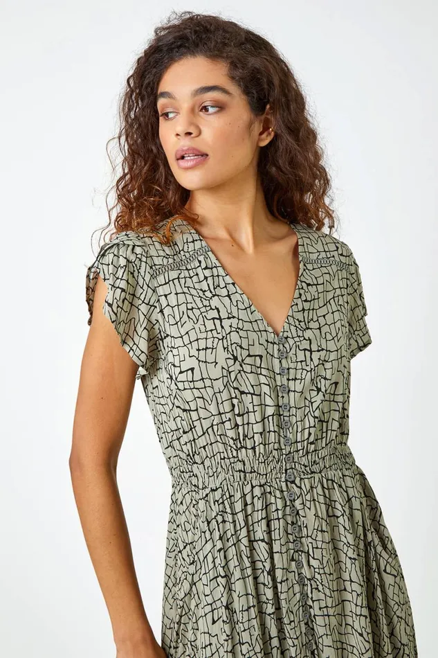 Women Khaki Scribble Print Button Through Maxi Dress Roman Dresses