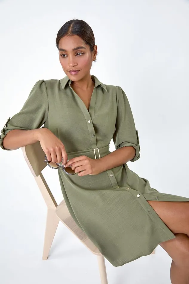 Women Khaki Short Belted Shirt Dress Roman Dresses