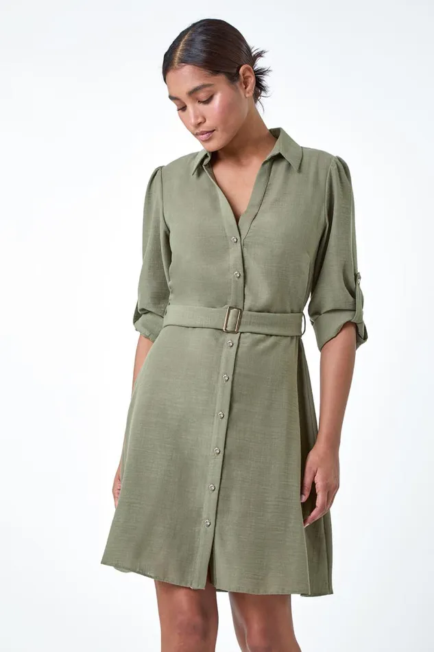 Women Khaki Short Belted Shirt Dress Roman Dresses