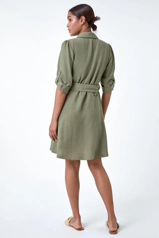 Women Khaki Short Belted Shirt Dress Roman Dresses