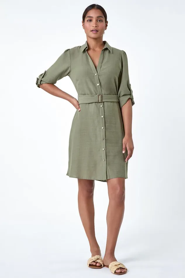 Women Khaki Short Belted Shirt Dress Roman Dresses