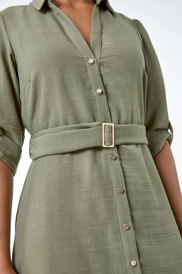 Women Khaki Short Belted Shirt Dress Roman Dresses