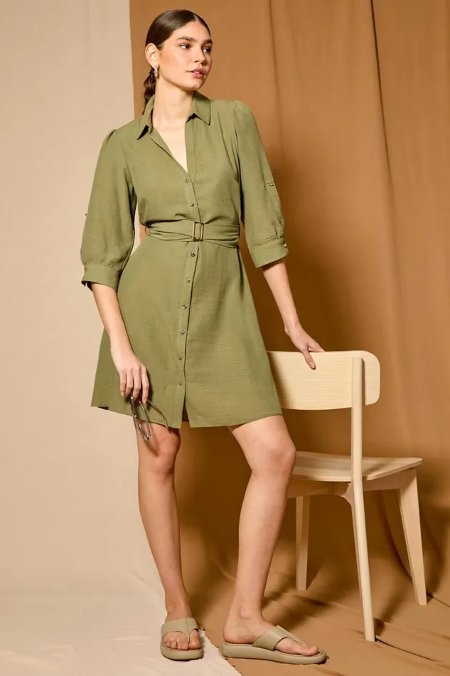 Women Khaki Short Belted Shirt Dress Roman Dresses