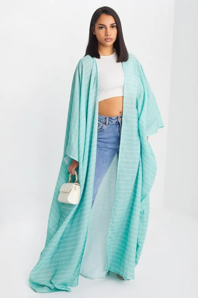 Women Kimono Vert Ample A Rayures Blanches Green Brentiny Paris Jackets