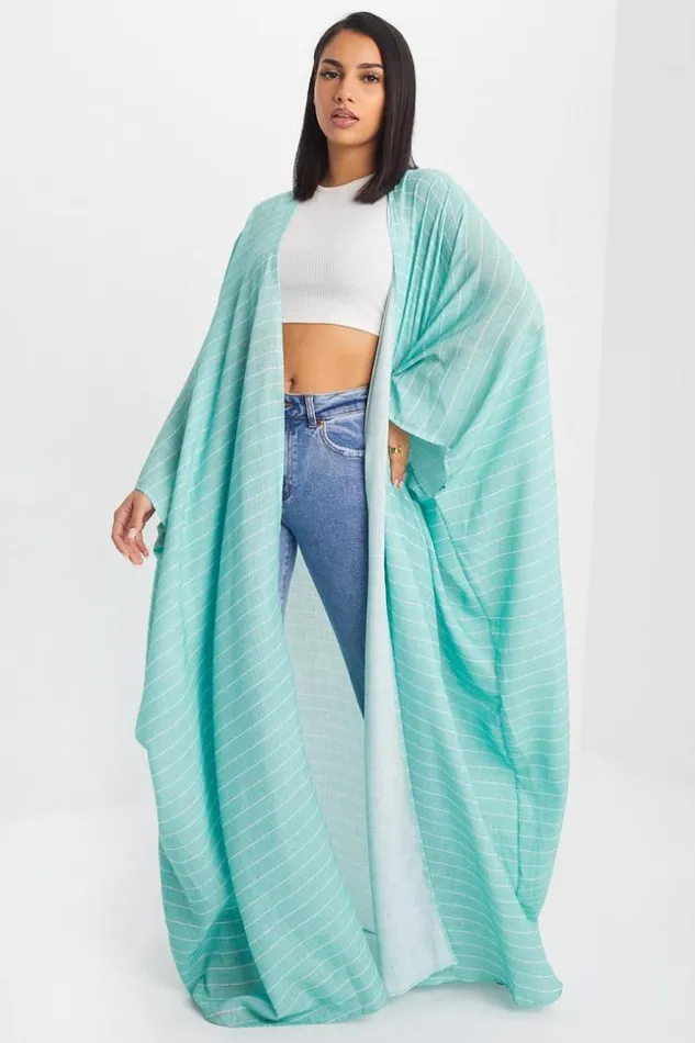 Women Kimono Vert Ample A Rayures Blanches Green Brentiny Paris Jackets