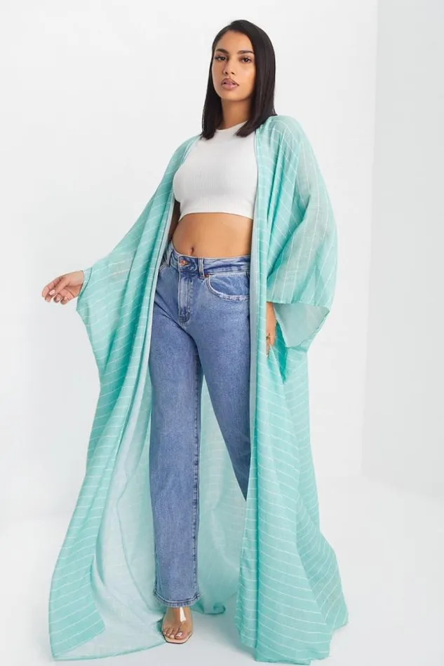 Women Kimono Vert Ample A Rayures Blanches Green Brentiny Paris Jackets