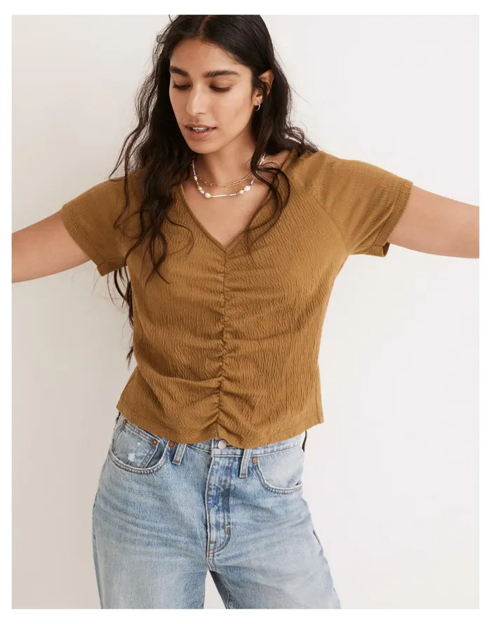 Women Knit Lightspun Ruched Front Crop Top Spiced Olive Madewell Tees Women Knit Lightspun Ruched Front Crop Top Spiced Olive Madewell Tees