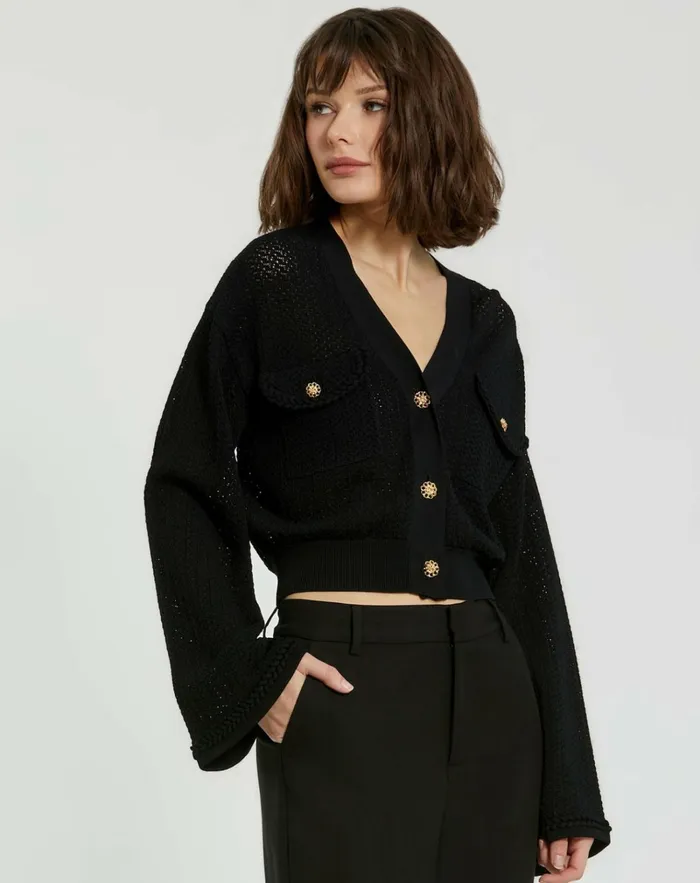 Women Knitwear Mac Duggal Crochet Knit Flare Long Sleeve Gold Button Cropped Cardigan 8211 FINAL SA Black Women Knitwear Mac Duggal Crochet Knit Flare Long Sleeve Gold Button Cropped Cardigan 8211 FINAL SA Black