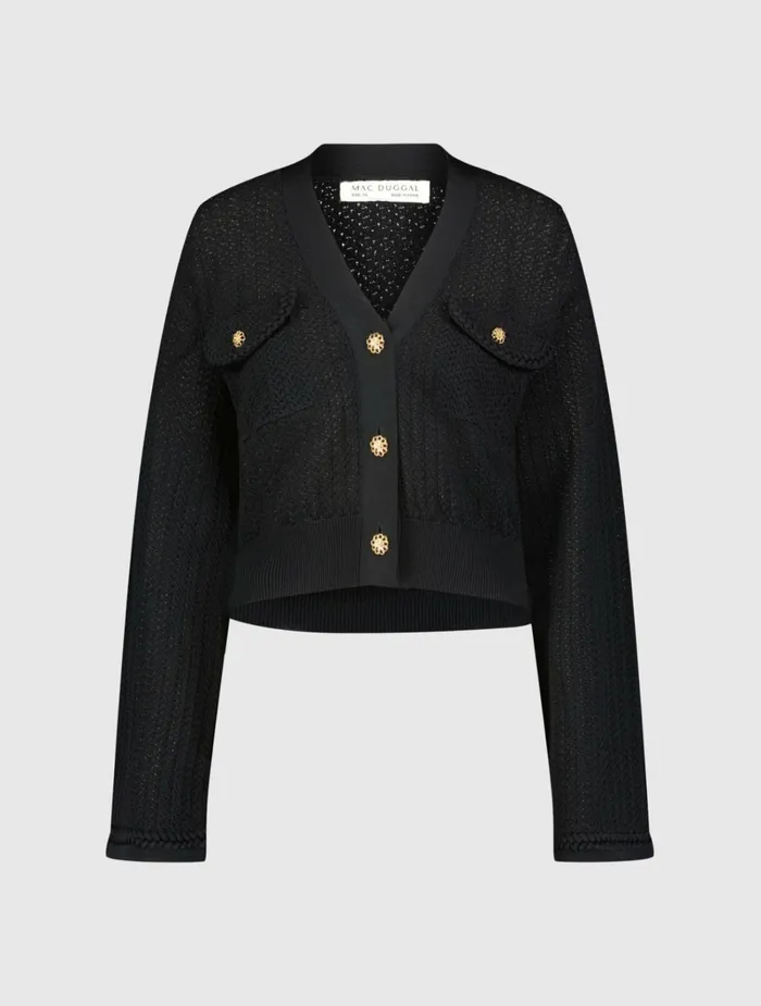Women Knitwear Mac Duggal Crochet Knit Flare Long Sleeve Gold Button Cropped Cardigan 8211 FINAL SA Black