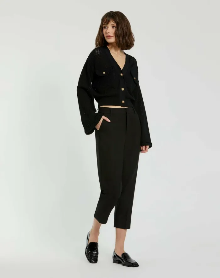 Women Knitwear Mac Duggal Crochet Knit Flare Long Sleeve Gold Button Cropped Cardigan 8211 FINAL SA Black