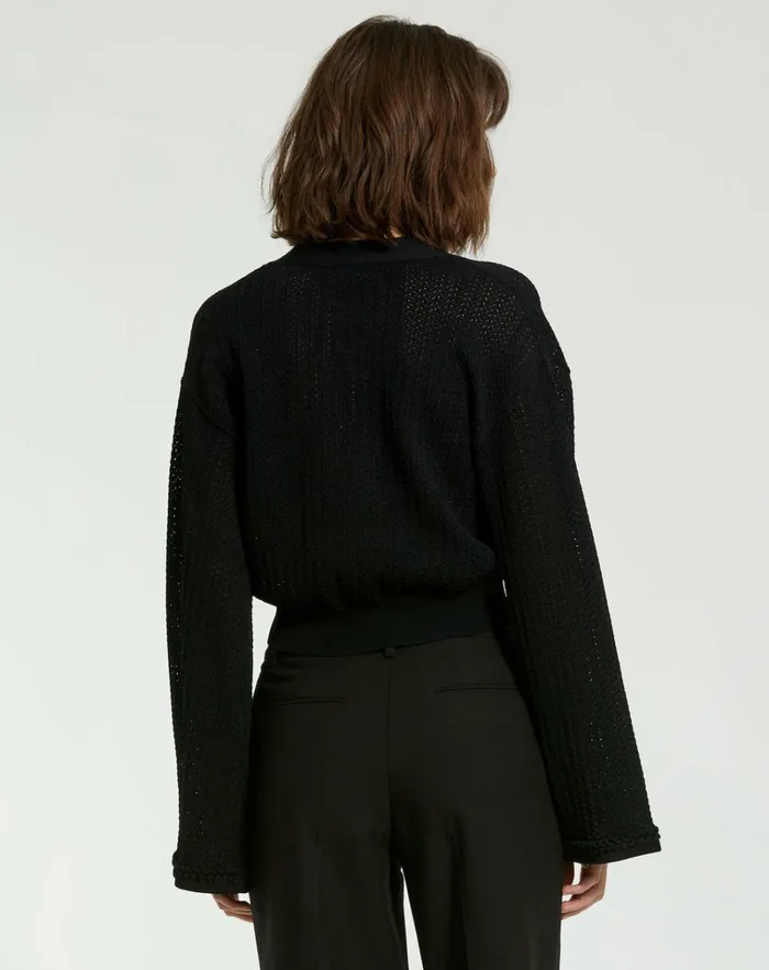 Women Knitwear Mac Duggal Crochet Knit Flare Long Sleeve Gold Button Cropped Cardigan 8211 FINAL SA Black
