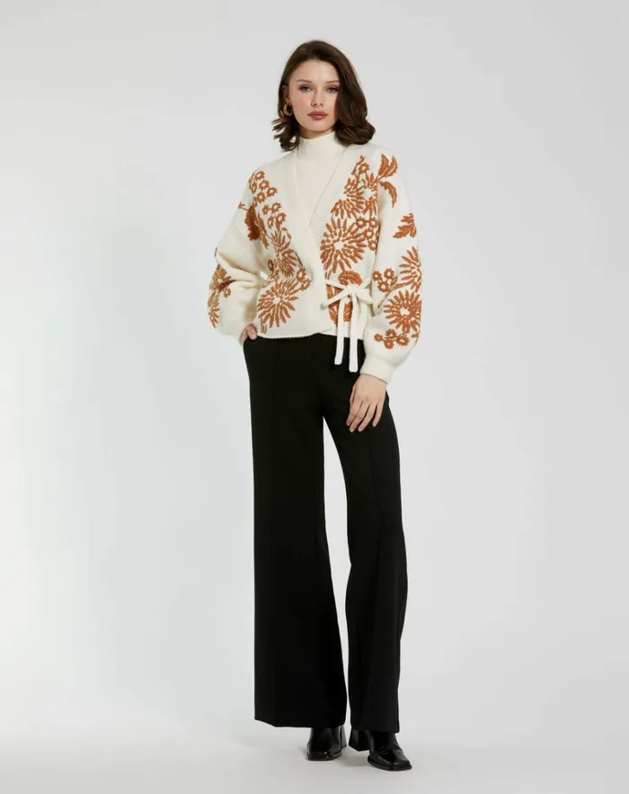 Women Knitwear Mac Duggal Cropped Knit Cardigan With Floral Details Ecru