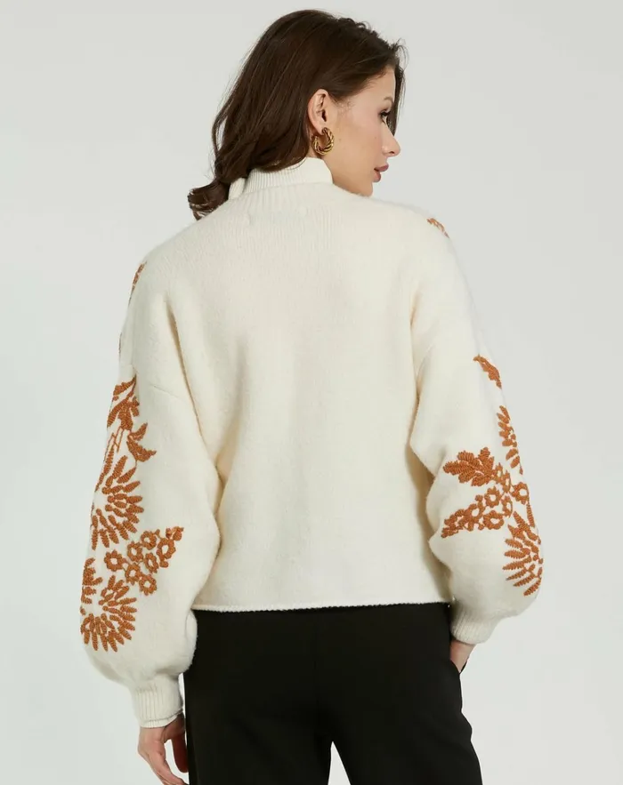 Women Knitwear Mac Duggal Cropped Knit Cardigan With Floral Details Ecru