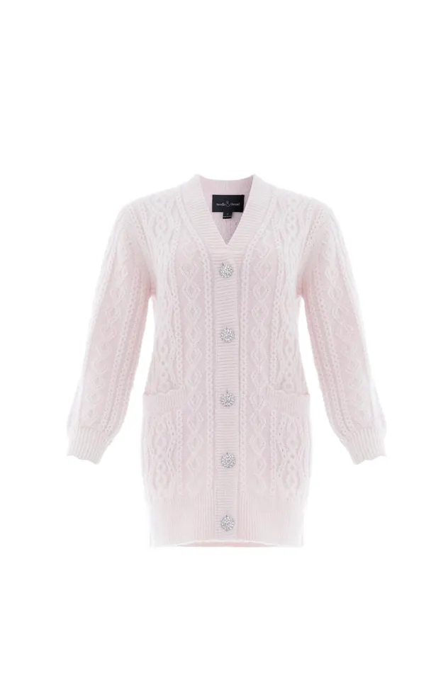 Women Knitwear Needle and Thread Cable Jewelled Button Longline Cardigan Pink