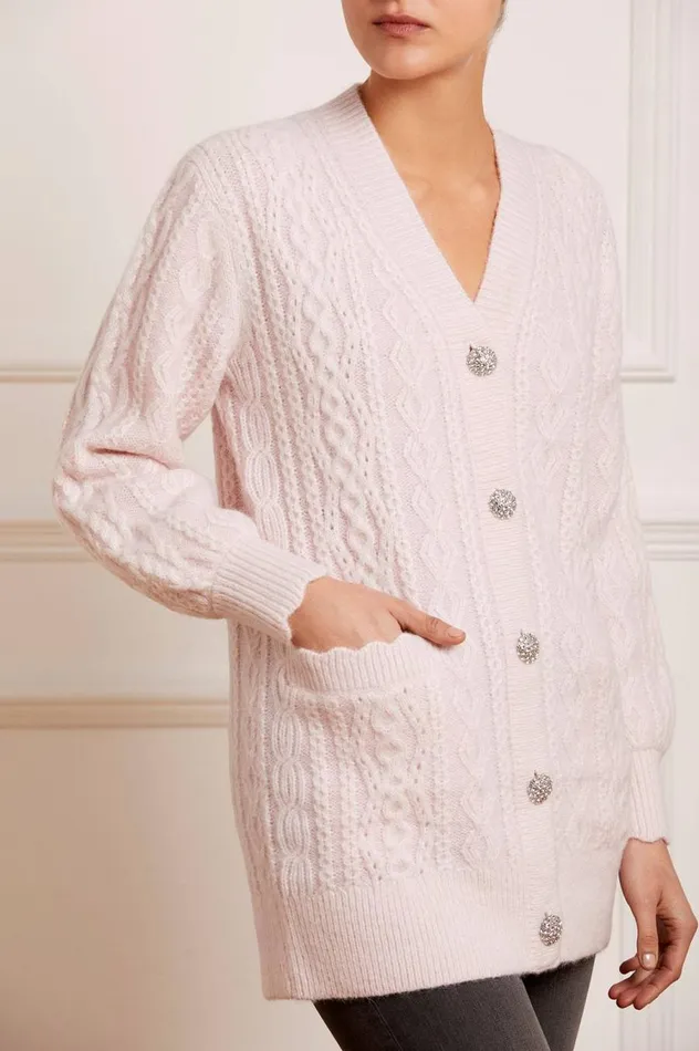 Women Knitwear Needle and Thread Cable Jewelled Button Longline Cardigan Pink