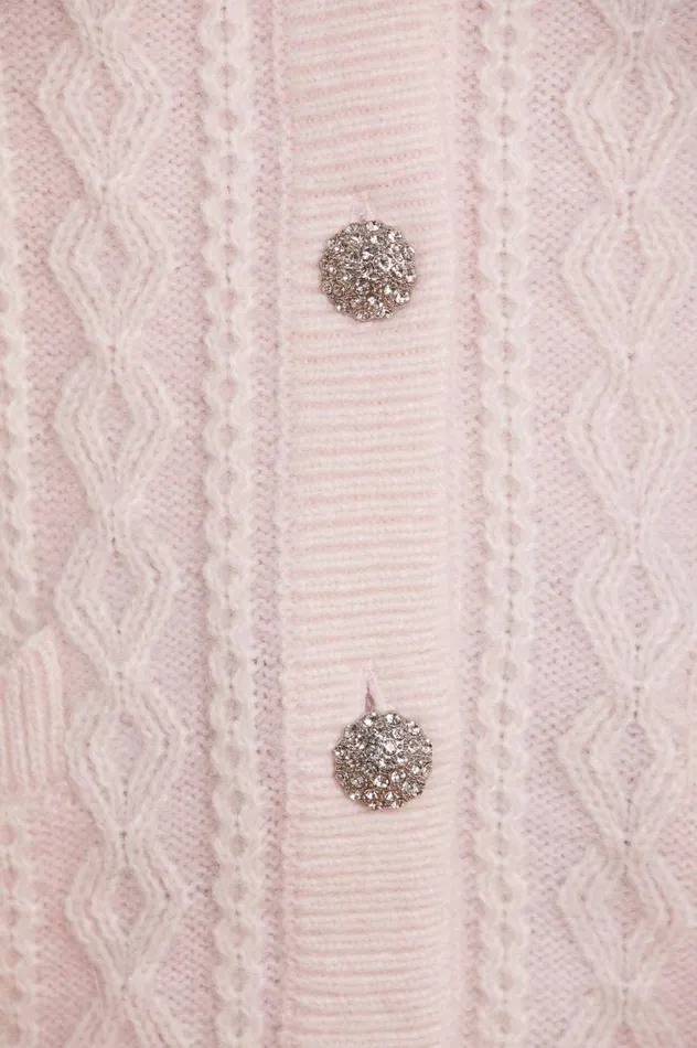Women Knitwear Needle and Thread Cable Jewelled Button Longline Cardigan Pink