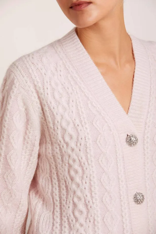 Women Knitwear Needle and Thread Cable Jewelled Button Longline Cardigan Pink
