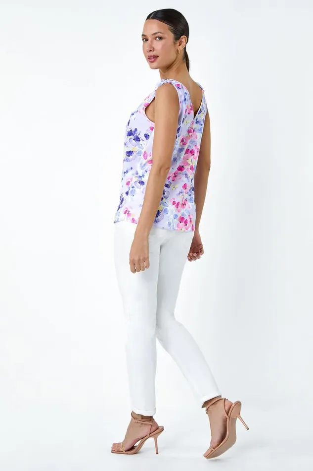 Women Lavendar Floral Print VNeck Cami Vest Top Roman Tops