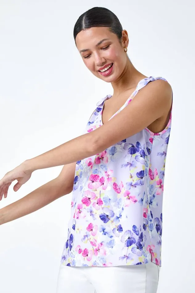 Women Lavendar Floral Print VNeck Cami Vest Top Roman Tops