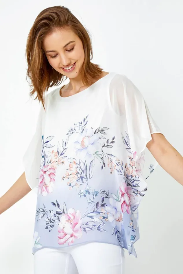 Women Lavender Floral Print Chiffon Overlay Top Roman Tops