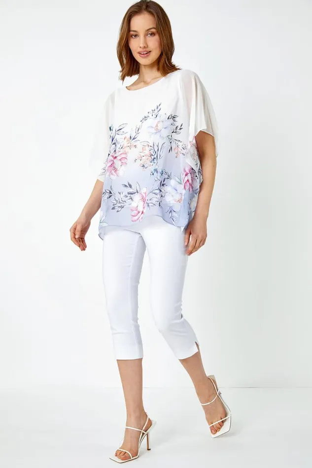 Women Lavender Floral Print Chiffon Overlay Top Roman Tops