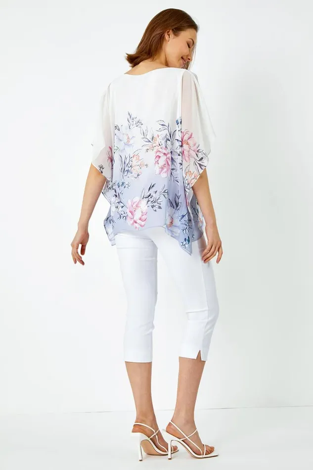 Women Lavender Floral Print Chiffon Overlay Top Roman Tops