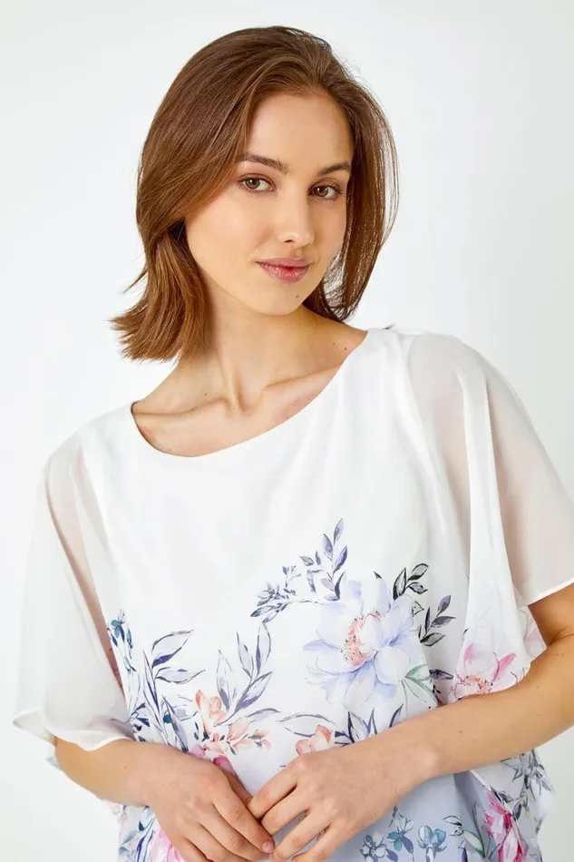 Women Lavender Floral Print Chiffon Overlay Top Roman Tops