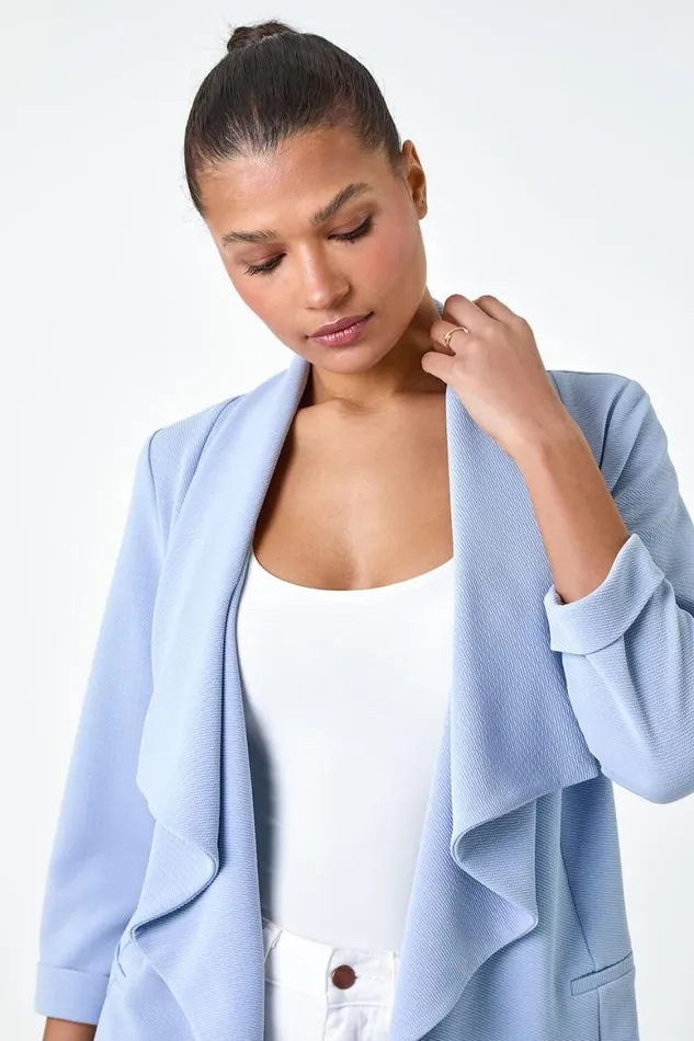 Women Light Blue 34 Sleeve Textured Waterfall Front Jacket Roman Jackets