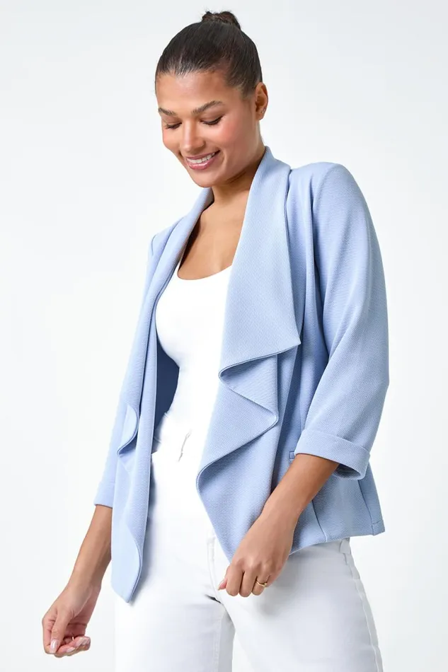 Women Light Blue 34 Sleeve Textured Waterfall Front Jacket Roman Jackets