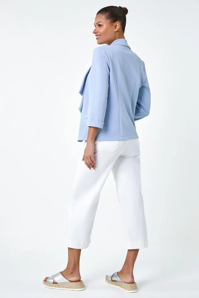 Women Light Blue 34 Sleeve Textured Waterfall Front Jacket Roman Jackets