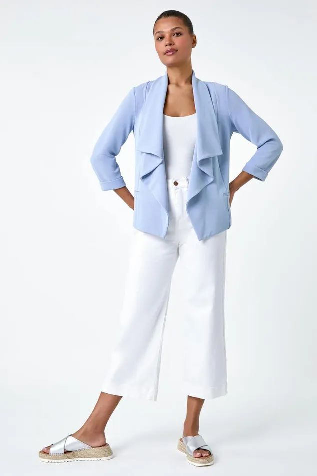 Women Light Blue 34 Sleeve Textured Waterfall Front Jacket Roman Jackets