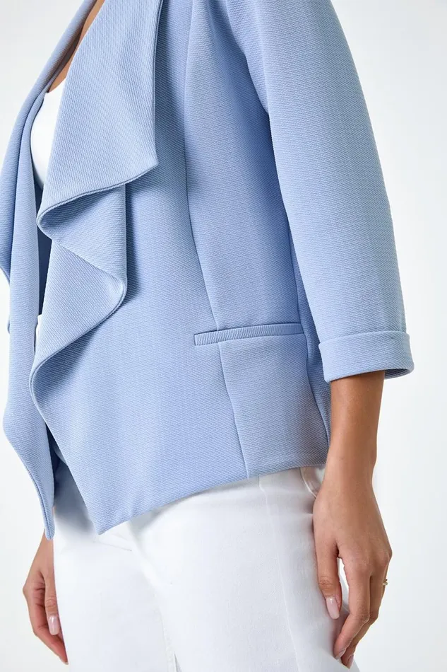 Women Light Blue 34 Sleeve Textured Waterfall Front Jacket Roman Jackets
