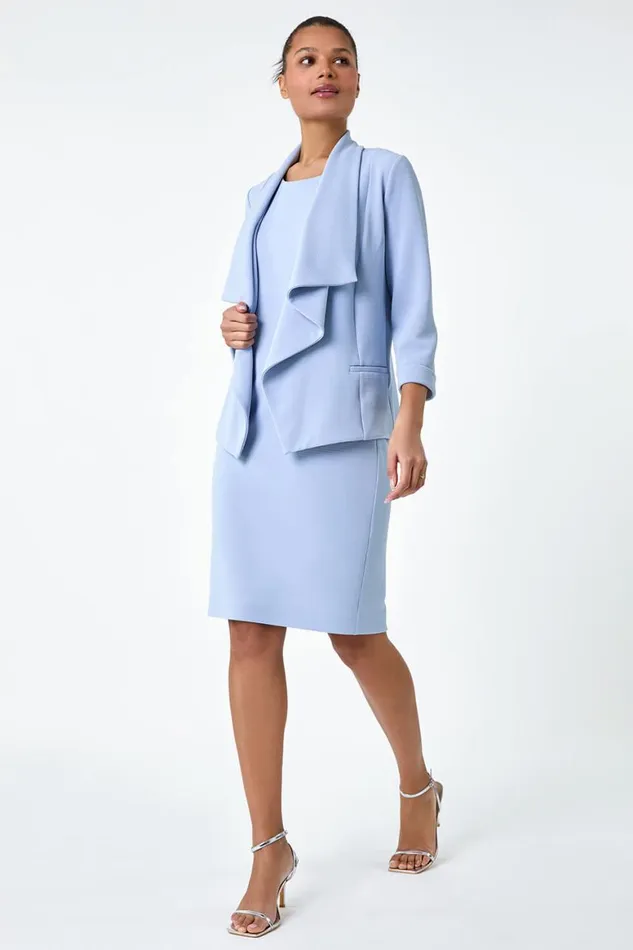 Women Light Blue 34 Sleeve Textured Waterfall Front Jacket Roman Jackets
