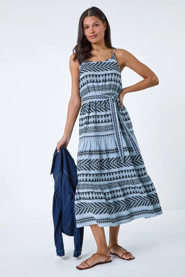 Women Light Blue Aztec Cotton Tiered Midi Dress Roman Dresses