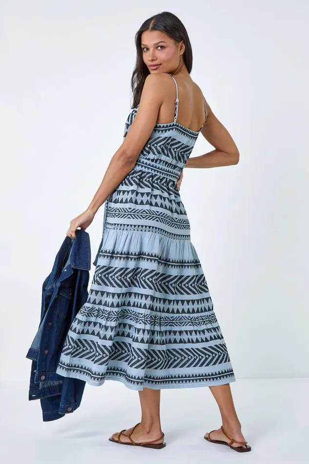Women Light Blue Aztec Cotton Tiered Midi Dress Roman Dresses