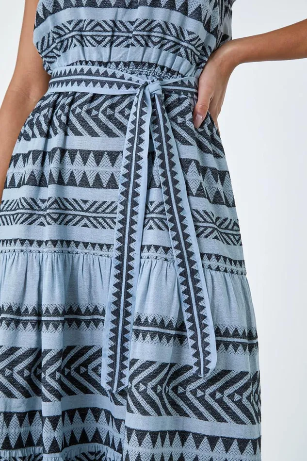 Women Light Blue Aztec Cotton Tiered Midi Dress Roman Dresses
