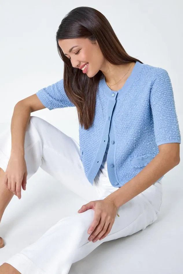 Women Light Blue Fringe Detail Sparkle Button Cotton Cardigan Roman Knitwear