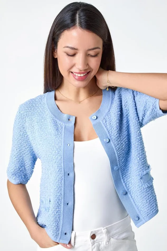 Women Light Blue Fringe Detail Sparkle Button Cotton Cardigan Roman Knitwear